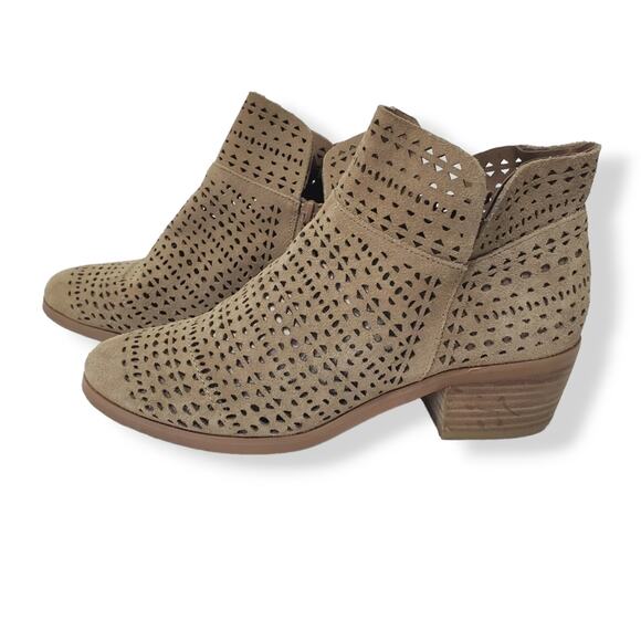 Crown Vintage | Suede Perforated Floppy Top Stacked Block Heel Booties - Picture 1 of 10
